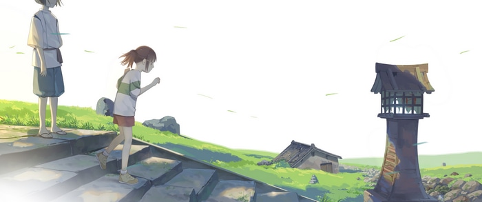 Spirited Away: Chihiro and Haku on stairs
