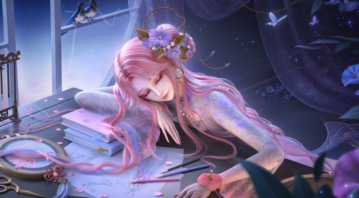 4K Honor of Kings: Pink-haired woman sleeping while drawing
