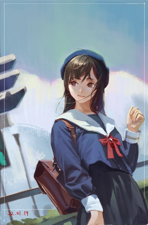 Girl in a school uniform with a backpack