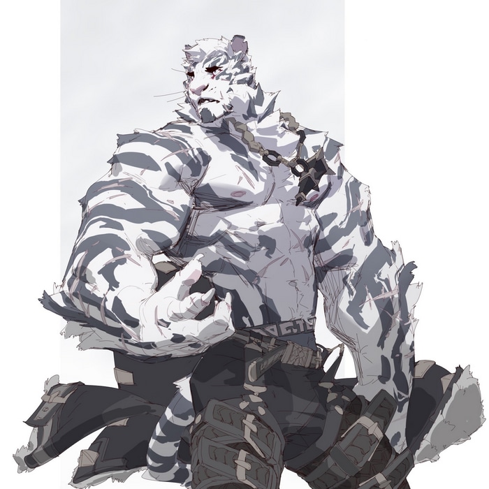 Anthro white tiger character with muscular build