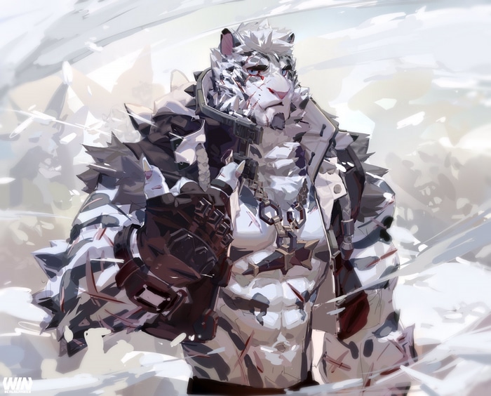 Mountain from Arknights, a white tiger furry character