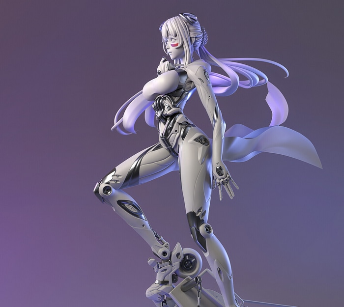 Futuristic cyborg woman with white hair and red markings