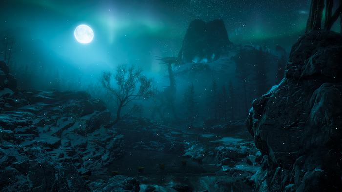 Horizon Zero Dawn night landscape with moon and aurora
