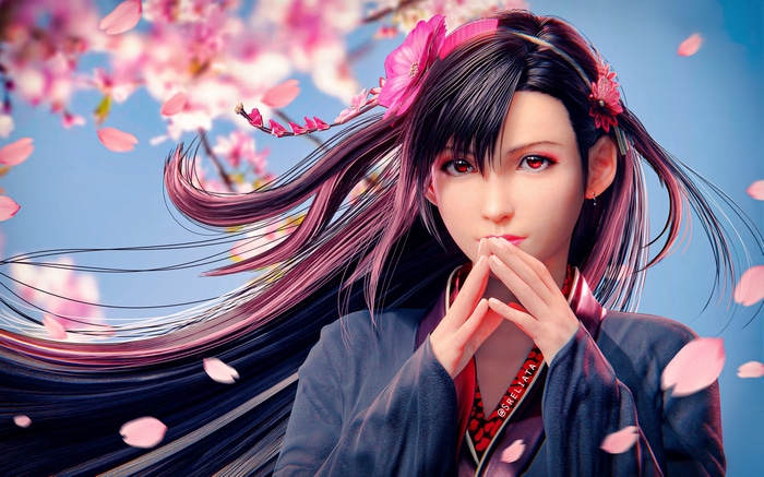 Tifa Lockhart from Final Fantasy VII with cherry blossoms