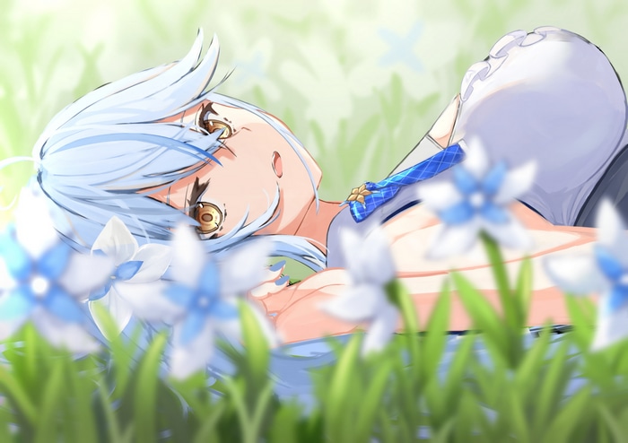 Girl with blue hair and yellow eyes lying in flowers