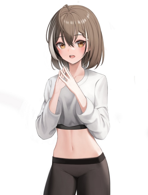 Nanashi Mumei in white crop top and black leggings