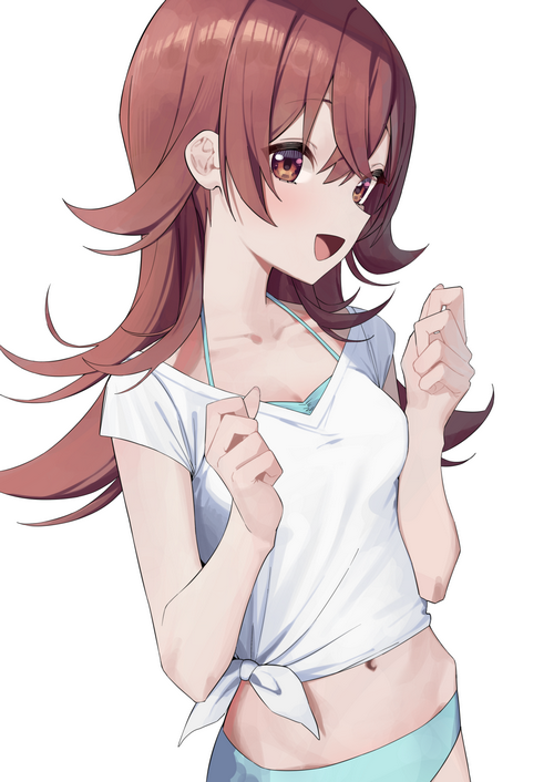 Anime girl with brown hair wearing a white t-shirt and bikini
