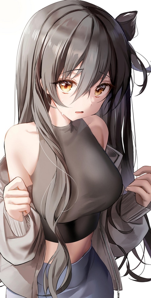 Anime girl with long gray hair and amber eyes
