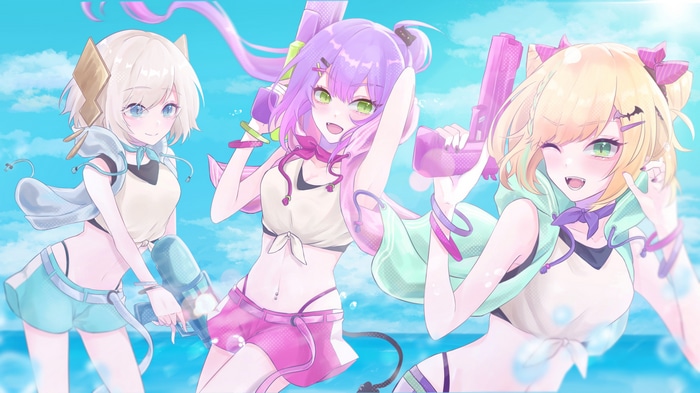 Ars Almal, Kurumi Noah, and Tokoyami Towa with water guns