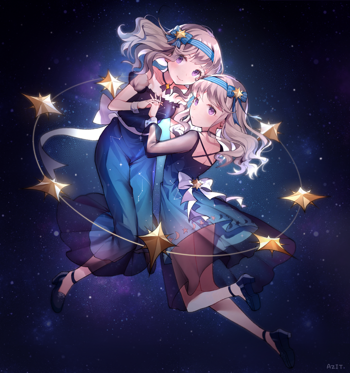 Two anime girls in starry dresses