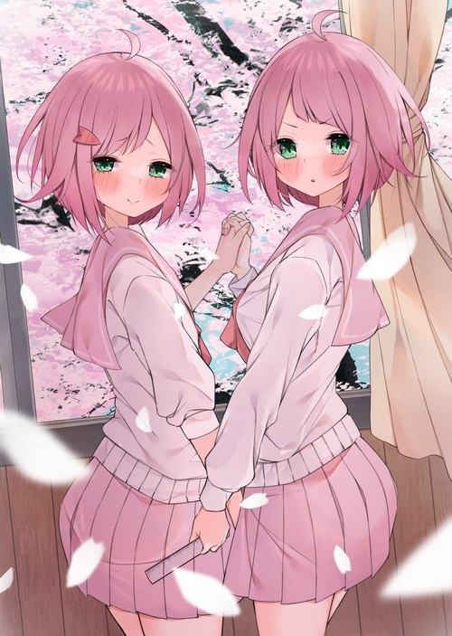 Two anime girls with pink hair holding hands