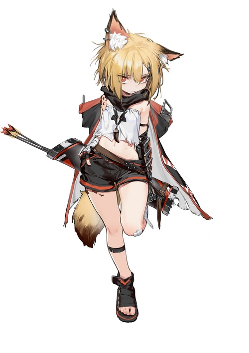 Anime girl with fox ears and tail holding a bow