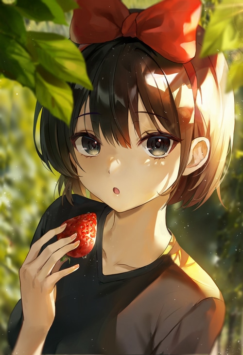 Anime girl with red bow eating a strawberry