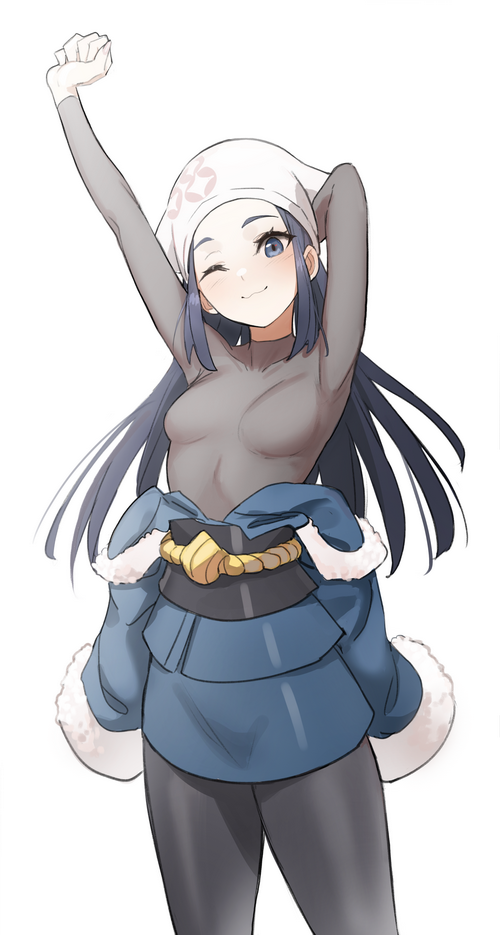 Anime girl with dark hair and blue eyes stretching