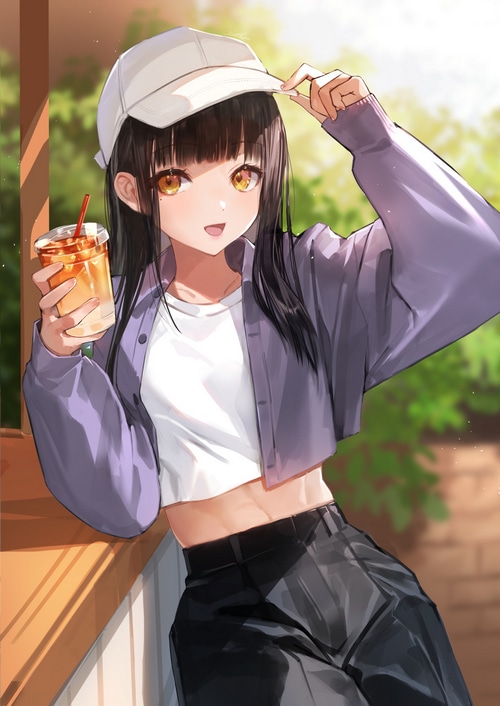 Anime girl in a purple jacket holding a drink