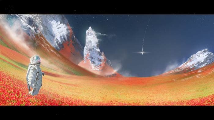 Astronaut in a field of flowers with mountains and a shooting star