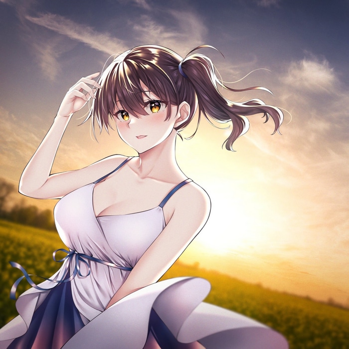 Kaga from Kantai Collection in a field at sunset