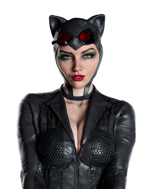 Catwoman in a black leather suit with red goggles