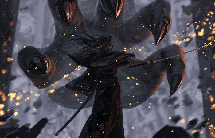 Samurai fighting a giant monster with claws