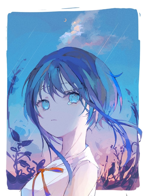 Anime girl with blue hair and blue eyes