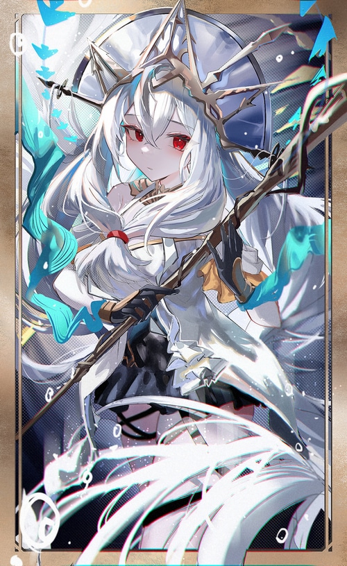 Anime girl with white hair and red eyes holding a staff