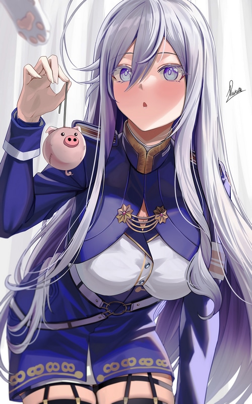 Anime girl with silver hair holding a pig toy