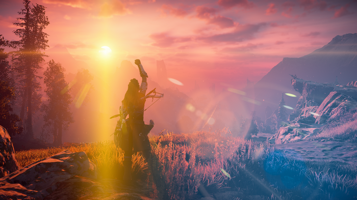 Aloy celebrating victory at sunset in Horizon: Zero Dawn