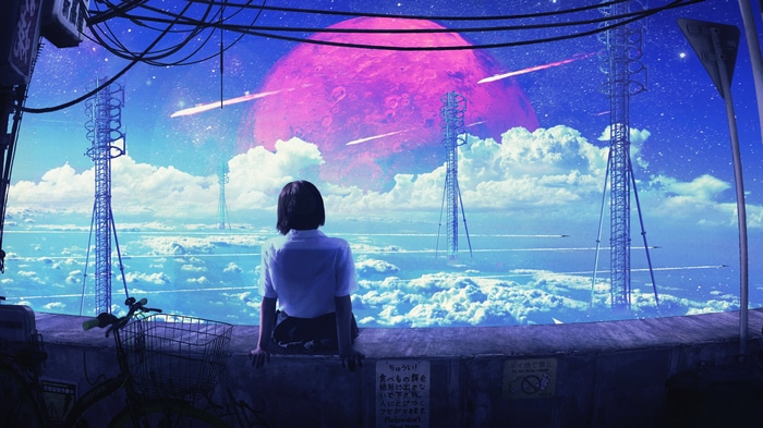 Girl in white shirt looking at pink planet and clouds