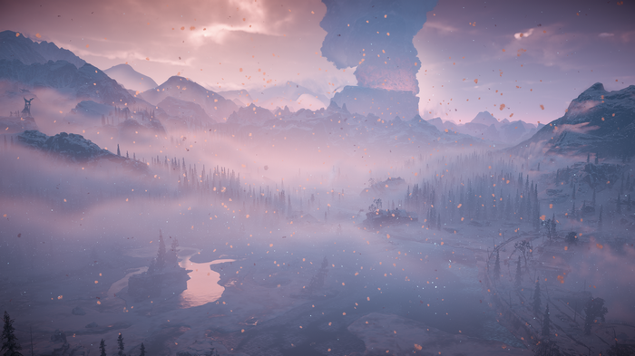 Horizon Zero Dawn Frozen Wilds landscape with volcano