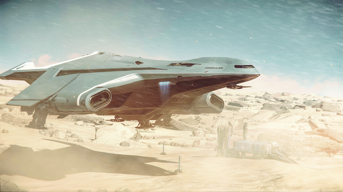 Crusader Hercules spaceship on a rocky, dusty planet