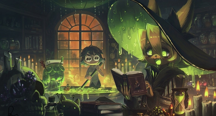 Anthro witches in a dimly lit potion room
