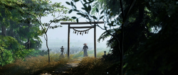 Samurai warrior stands near a torii gate in a misty field