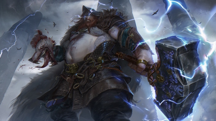 A monstrous wolf-like warrior holding a hammer
