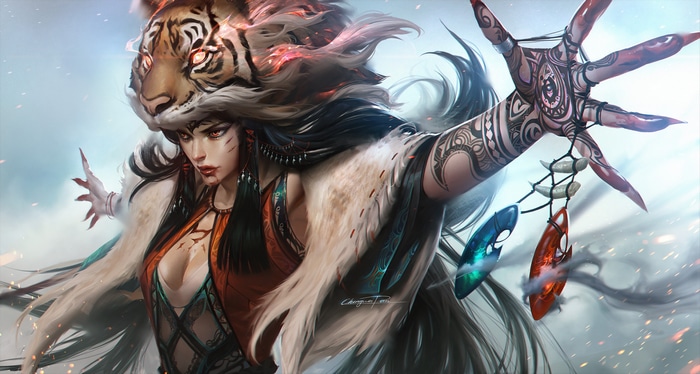 Witch with Tiger Headdress and Ornate Hand