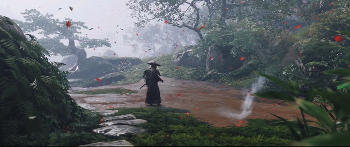 Samurai walking on a path in a misty forest
