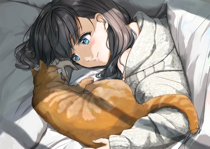 Anime girl with blue eyes cuddling an orange cat