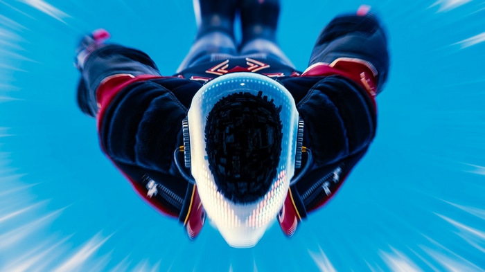 Spider-Man falling through the sky