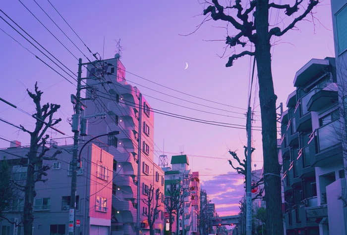 Street scene with buildings and sky