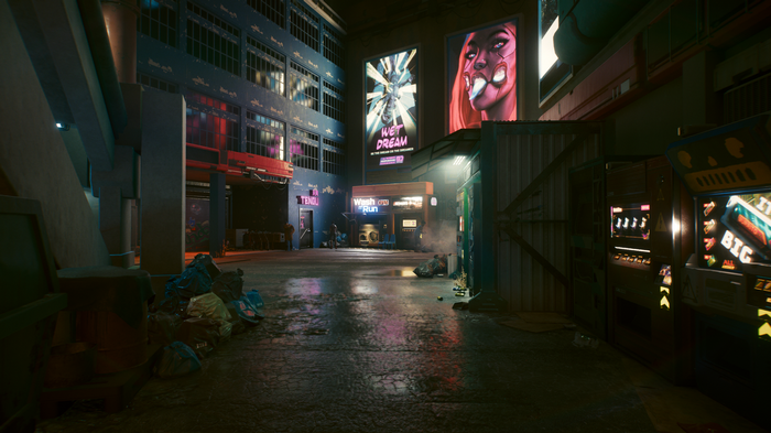 Cyberpunk 2077 alley with neon signs and slot machines