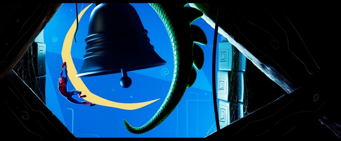Spider-Man hanging from a bell near a crescent moon