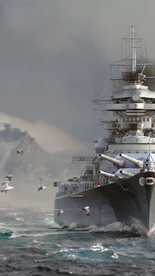 Bismarck Battleship sailing through rough seas with seagulls