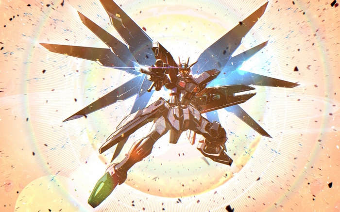 Freedom Gundam in battle with energy wings