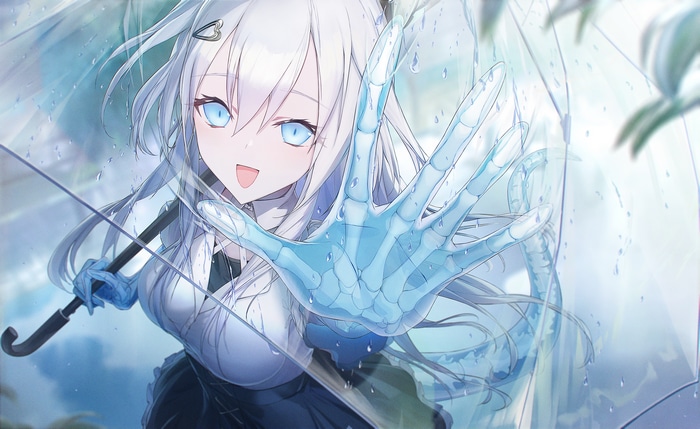 Girl with blue eyes and tail holding an umbrella