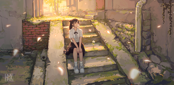 Girl in school uniform chewing bubblegum on stairs