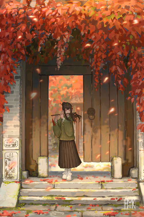 Girl in Chinese Clothing Playing Flute Under Red Leaves