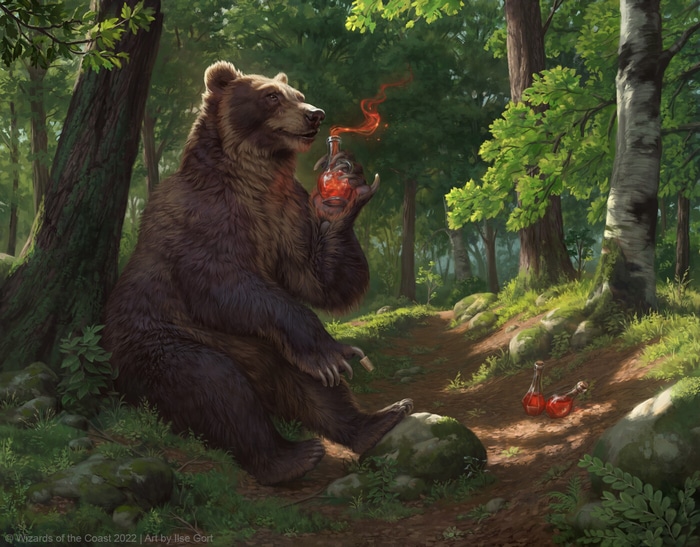 Bear holding a glowing potion in a forest