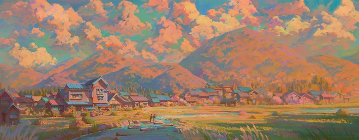 4K landscape painting of a village with mountains and clouds