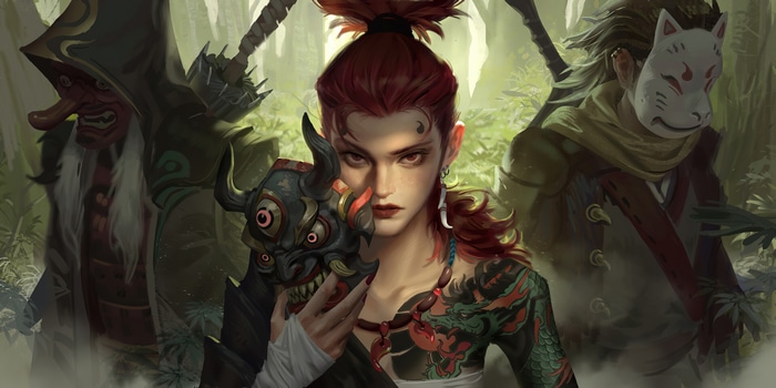 Female warrior with oni mask and masked figures