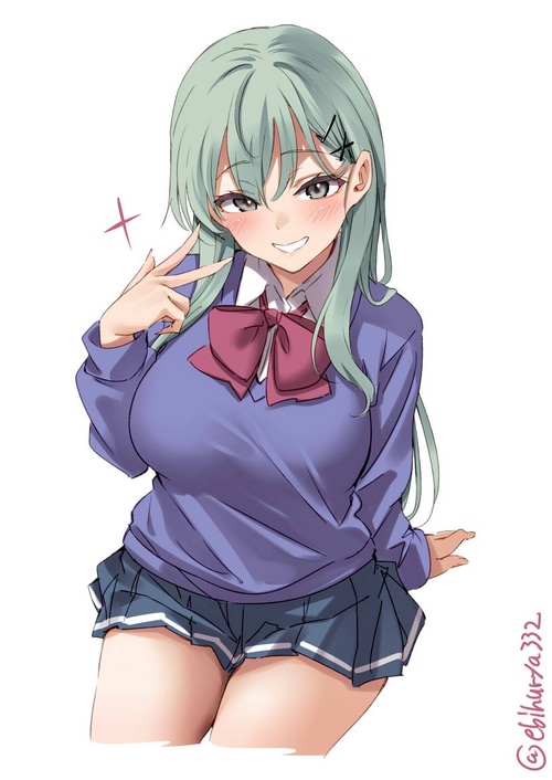 Anime girl with green hair in school uniform