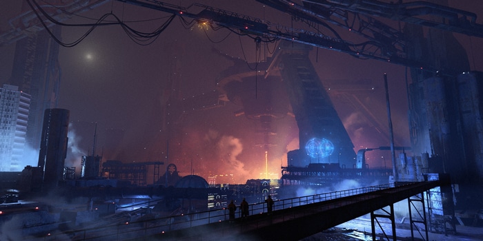 Cyberpunk industrial cityscape with a large structure